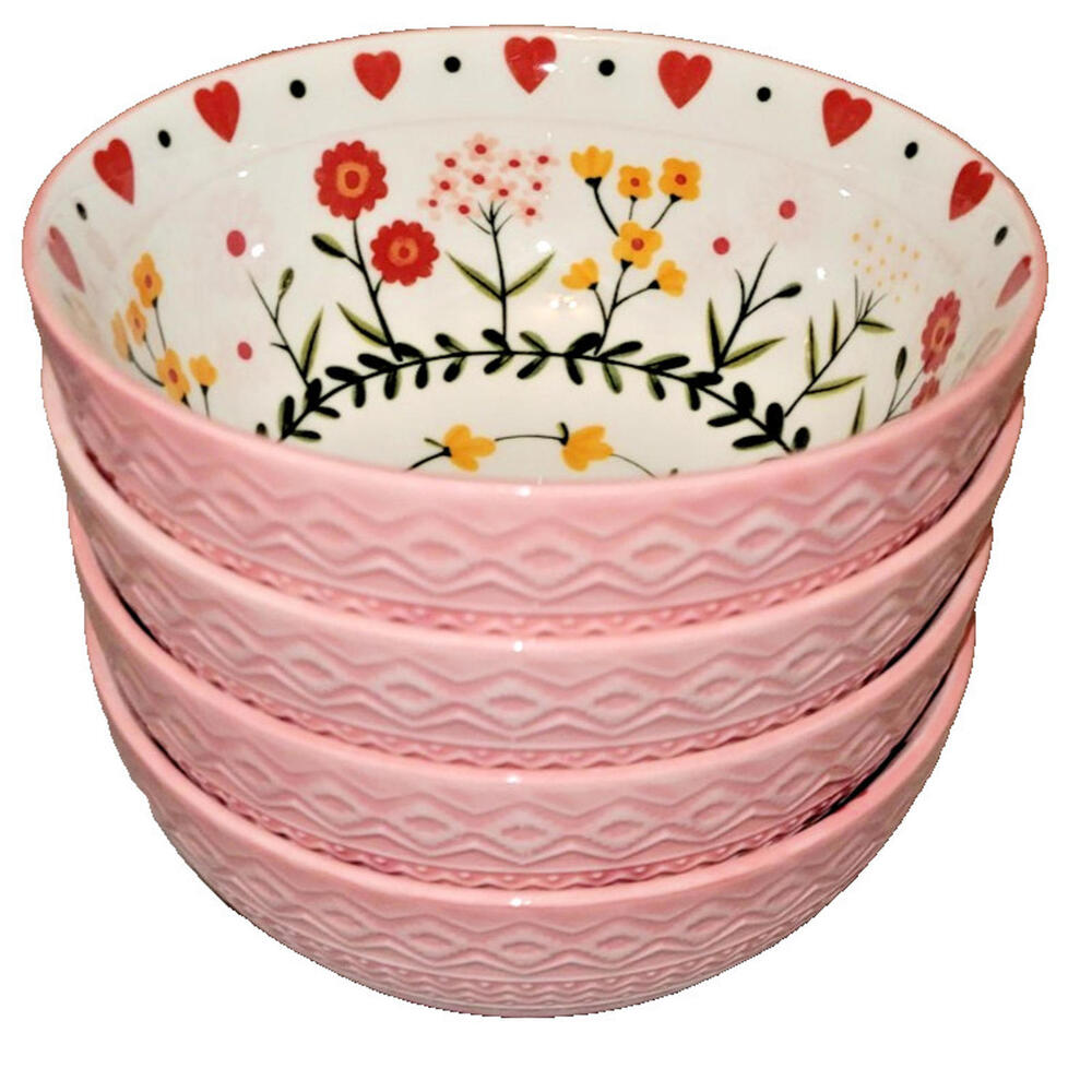 Potter’s Studio Pink Heart Footed Bowls Set of 4 • 5.25" Valentine Floral - Picture 3 of 3